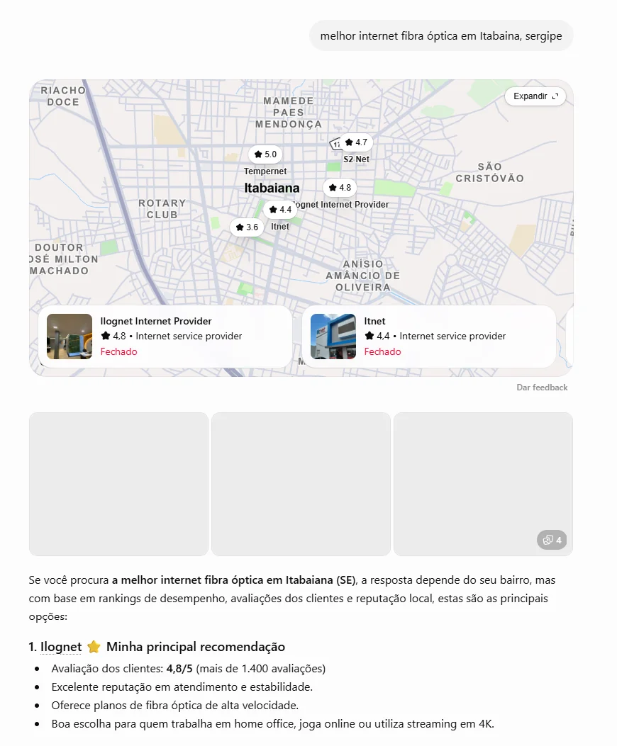 Provedor citado em resposta de IA para melhor internet fibra em Itabaiana