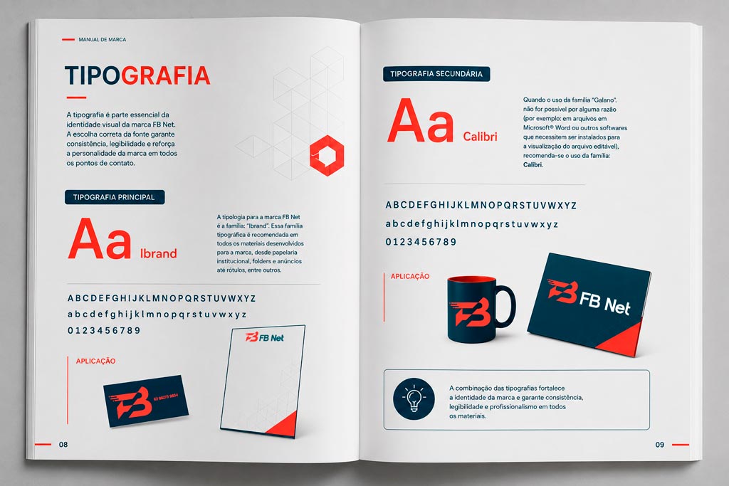 Família tipográfica e hierarquia de fontes de manual de marca para provedor de internet
