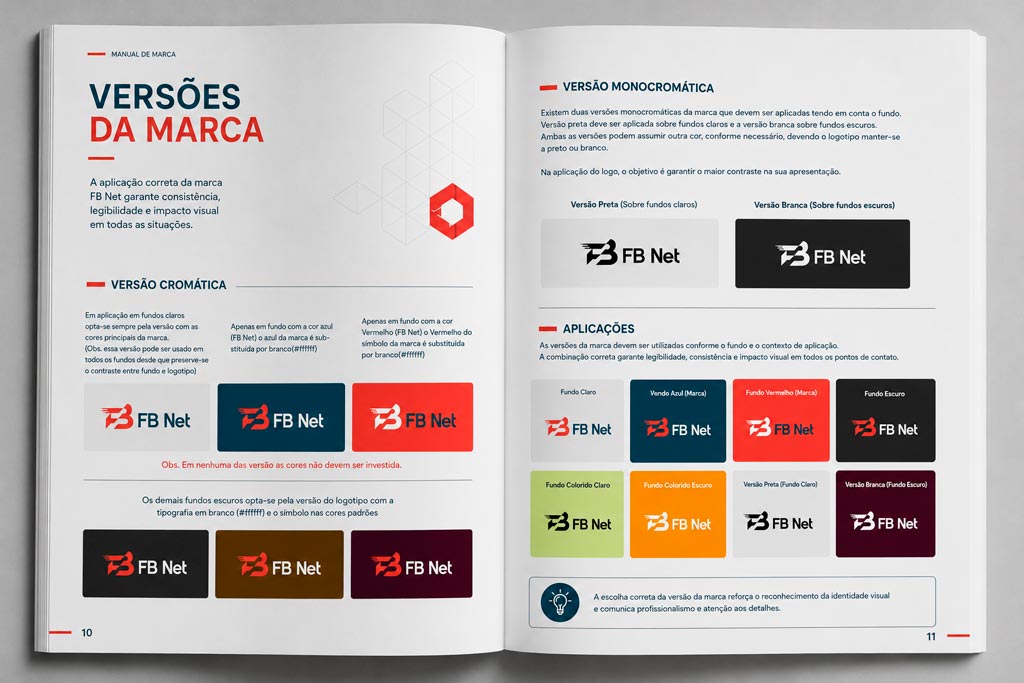 Versões e aplicações da marca em manual de identidade visual para provedor de internet