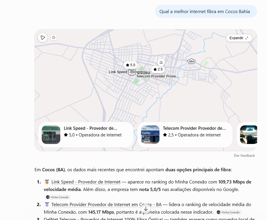 Resposta de IA recomendando a Link Speed como melhor internet fibra em Cocos, BA