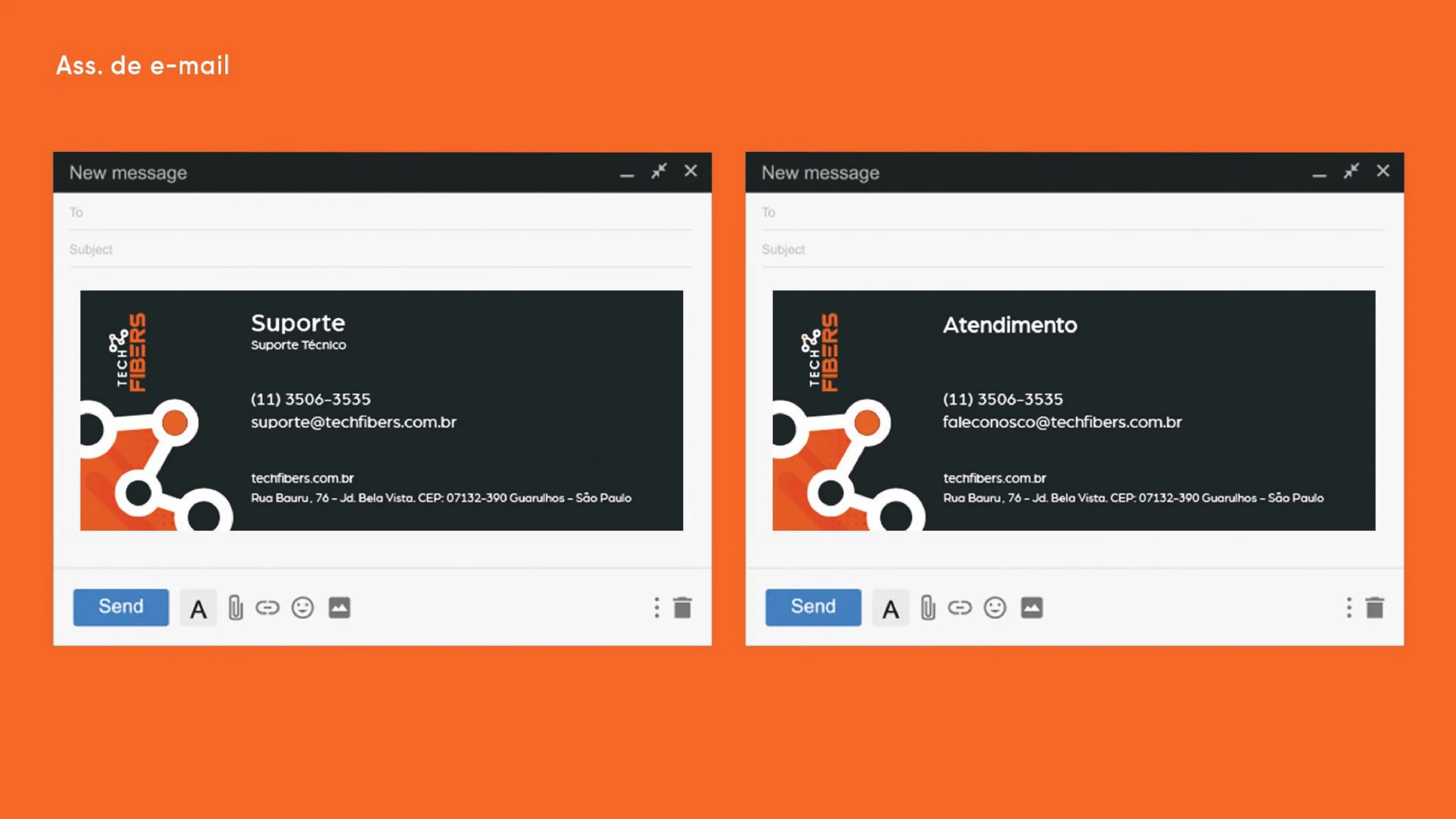 Duas janelas de e-mail com assinaturas Tech Fibers em fundo grafite, uma de suporte técnico e outra de atendimento