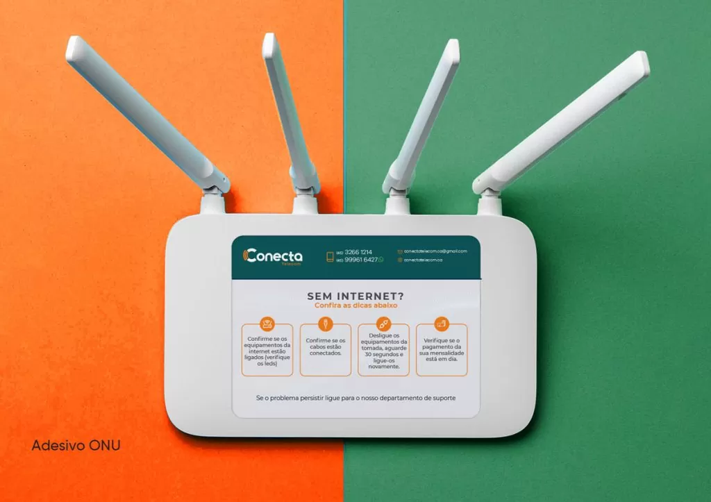 Roteador branco com adesivo da Conecta Telecom com o título Sem internet e quatro dicas de verificação, sobre fundo laranja e verde