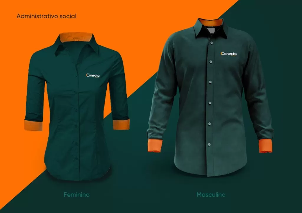 Camisas sociais feminina e masculina em verde-escuro com punhos laranja e a logo Conecta no peito