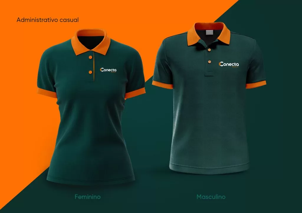 Uniforme da equipe da Conecta Telecom em verde-escuro com detalhes em laranja