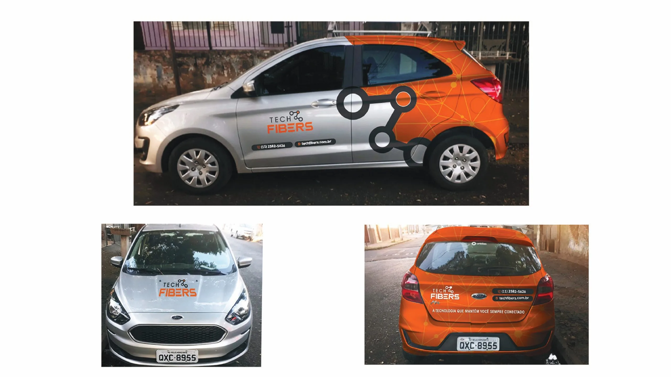 Carro prata e laranja com o logotipo Tech Fibers e o símbolo na lateral, mais vistas da frente e da traseira