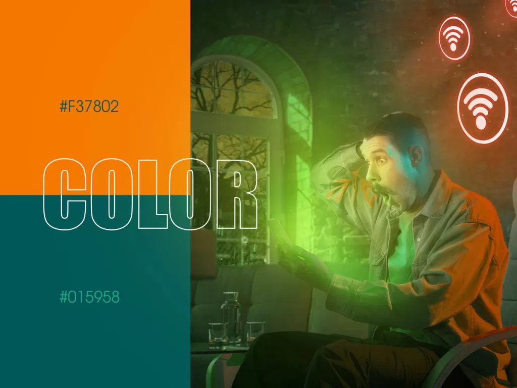 Quadros de cor laranja (#F37802) e verde (#015958) ao lado de uma montagem com ícones de wi-fi