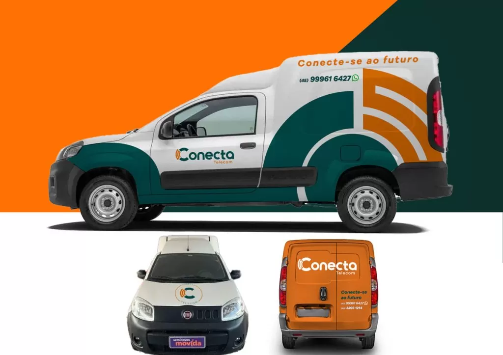 Utilitário branco com plotagem em verde e laranja, logo Conecta Telecom na porta e o lema Conecte-se ao futuro, com vistas frontal e traseira abaixo