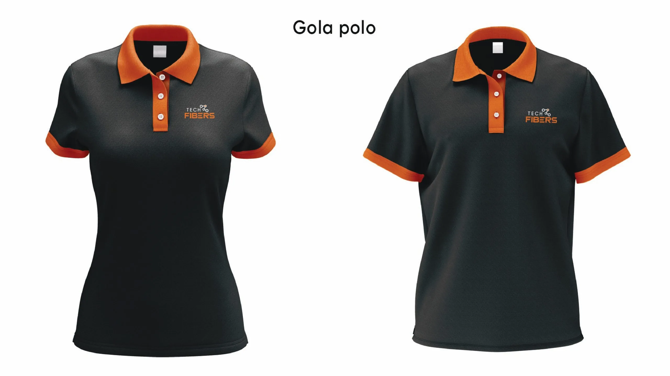 Duas camisas polo grafite com gola e punhos laranja e o logotipo Tech Fibers no peito