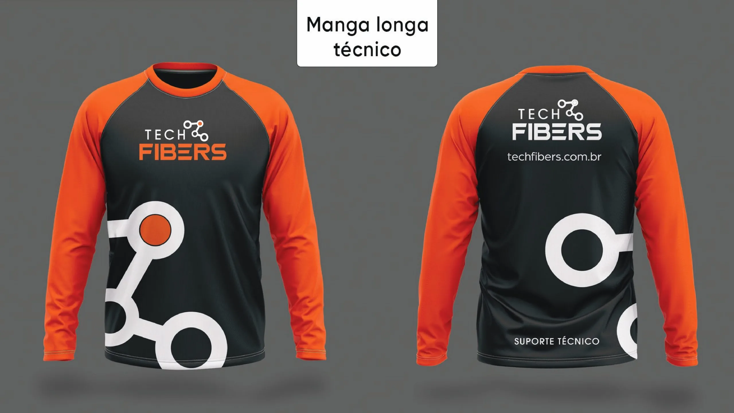 Camiseta de manga longa grafite com mangas laranja, vista de frente e de costas, com o logotipo Tech Fibers e o símbolo em grande escala