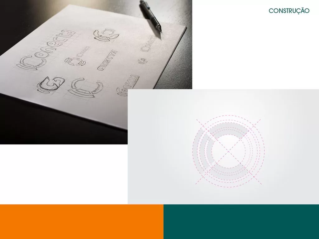 Folha com esboços do logotipo Conecta e, sobreposta, a malha de círculos e eixos usada na construção do símbolo