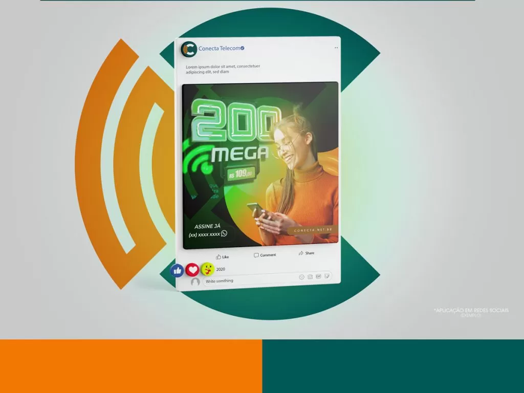 Publicação de exemplo em rede social, com oferta de internet de 200 Mega, ao lado do símbolo da Conecta