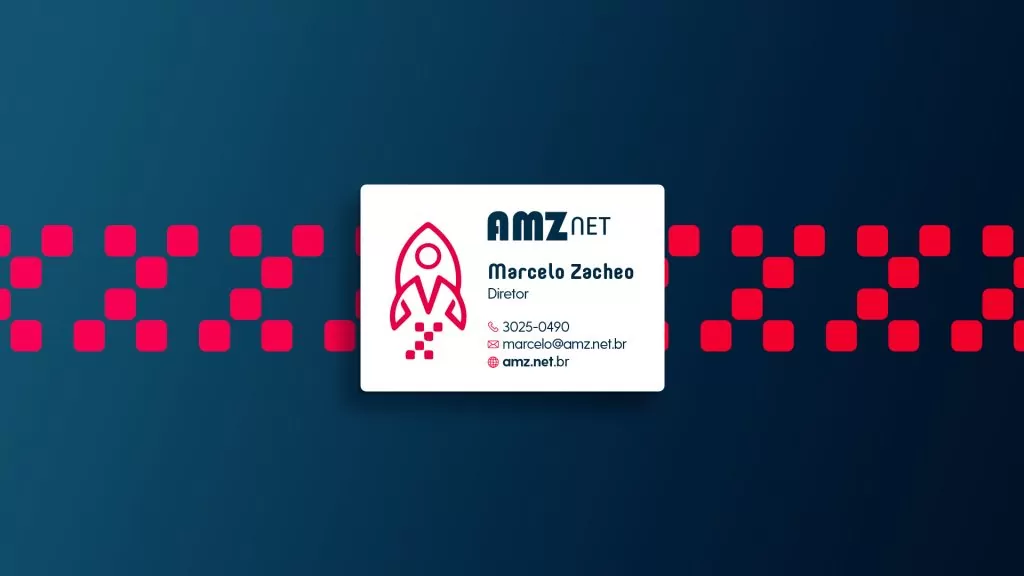 Cartão branco com o símbolo, o logotipo AMZ Net, nome, cargo, telefone, e-mail e site, sobre faixa de pixels vermelhos e fundo azul