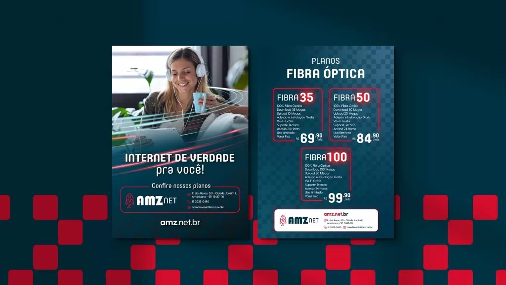 Panfleto de planos de fibra óptica, frente e verso: na frente, a frase Internet de verdade pra você e uma mulher de fones de ouvido; no verso, os planos Fibra 35, Fibra 50 e Fibra 100