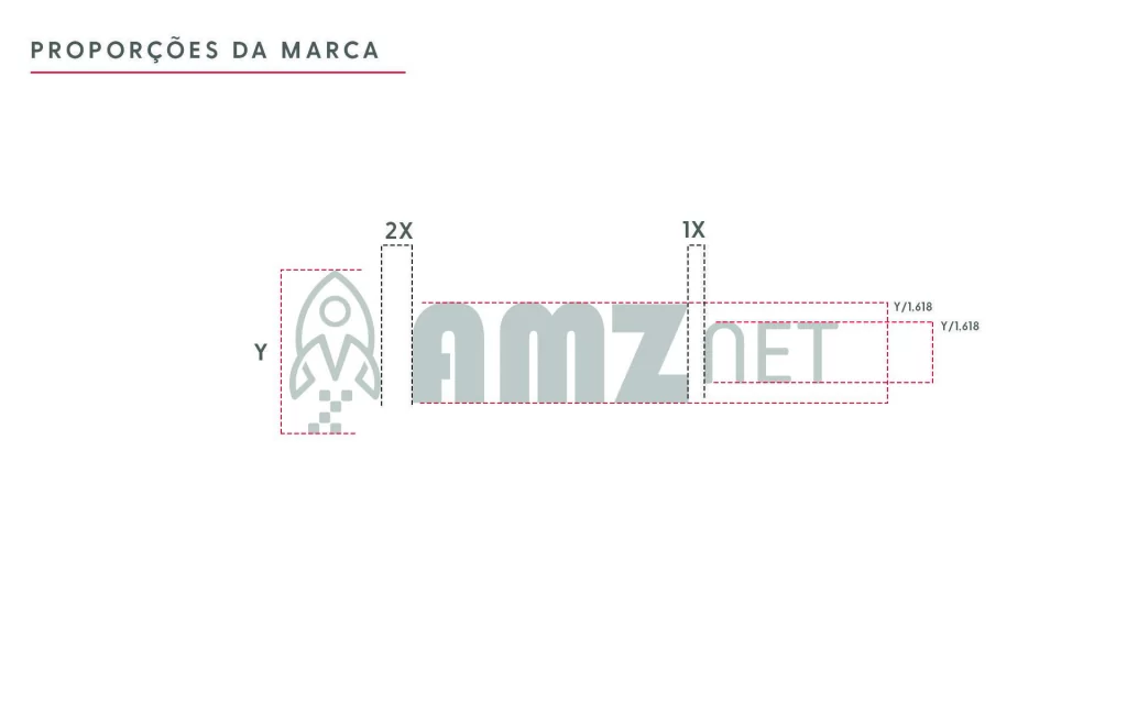 Proporções da marca: símbolo de altura Y, afastamentos de 2X e 1X e medidas de Y dividido por 1,618 aplicadas ao logotipo AMZ Net