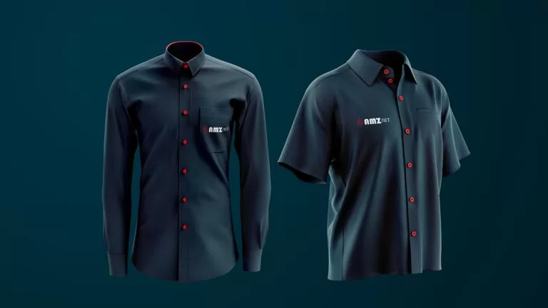 Camisas sociais azul-escuras de manga longa e de manga curta, com a logo AMZ Net no peito e botões vermelhos