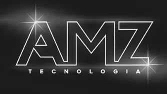 Logo anterior da empresa: a sigla AMZ em contorno branco, com brilhos, e a palavra Tecnologia abaixo, sobre fundo preto