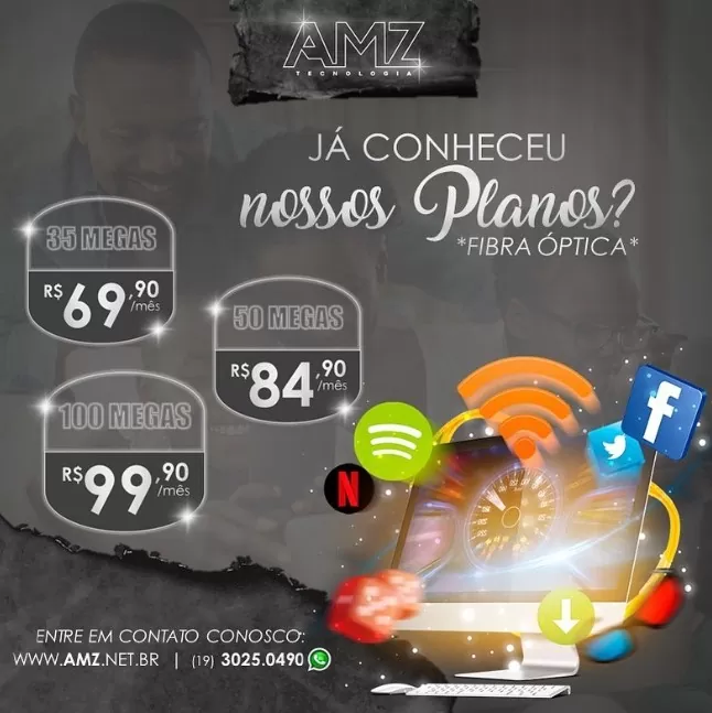 Peça anterior de divulgação de planos de fibra óptica de 35, 50 e 100 megas, com a logo AMZ Tecnologia, ícones de aplicativos e um computador em destaque