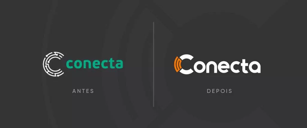 Comparativo entre a logo anterior da Conecta, em verde com símbolo de circuito, e a nova logo, com arcos laranja e nome em branco