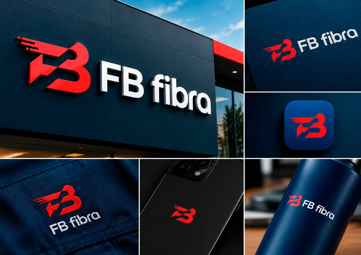 Detalhes de aplicação do logo FB fibra: letreiro tridimensional em fachada, papel texturizado, ícone de aplicativo, bordado em uniforme, parte traseira de um celular e garrafa térmica