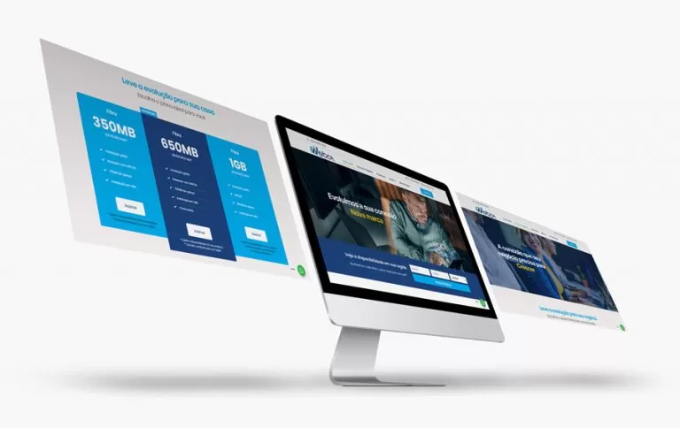 Site da Web Da Internet em mockup: telas com planos de fibra e página inicial com a nova marca