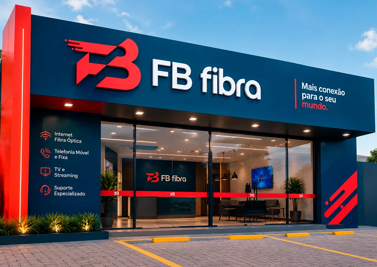 Simulação da fachada de uma loja com o símbolo FB em vermelho e o nome FB fibra em letras brancas sobre painel azul-marinho, com a frase Mais conexão para o seu mundo