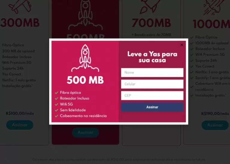 Pop-up de formulário do plano de 500MB no site da Yas Telecom, com os campos nome, celular e CEP e a lista de benefícios do plano