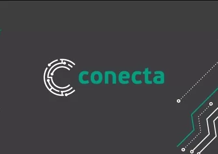 Logo anterior da Conecta: símbolo C com traços de circuito e o nome em letras minúsculas verdes, sobre fundo cinza-escuro