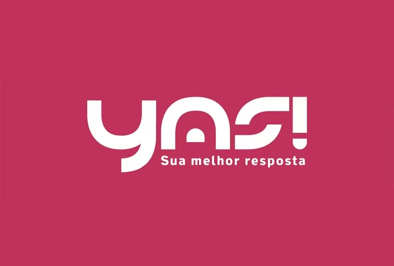 Logo da Yas Telecom em branco sobre fundo rosa, com a assinatura Sua melhor resposta