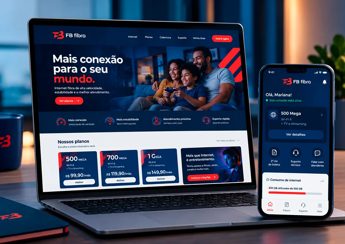 Simulação do site da FB fibra em um notebook e do aplicativo em um celular, com o título Mais conexão para o seu mundo, cartões de planos e tela de consumo de internet
