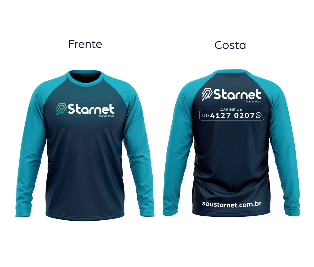 Camisa de manga longa azul-escuro com mangas em azul-claro: na frente, a logo Starnet; nas costas, a logo, o telefone para assinar e o endereço do site
