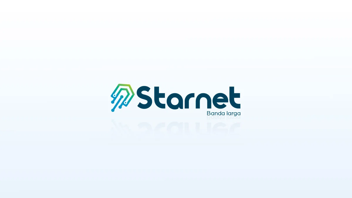 Logo Starnet Banda larga em fundo claro, com o símbolo em degradê de verde para azul e o nome em azul-escuro