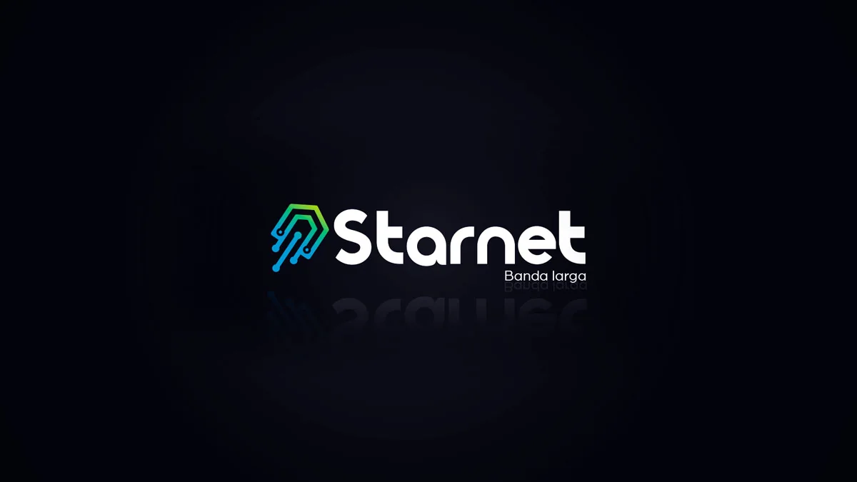 Logo Starnet Banda larga em fundo preto, com o símbolo em degradê de verde para azul e o nome em branco