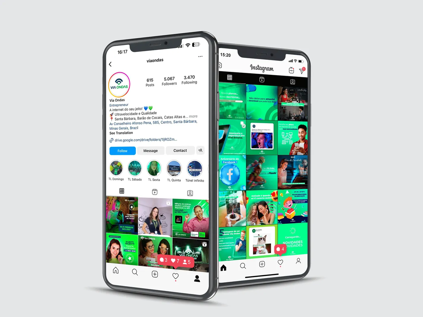 Perfil da Via Ondas no Instagram e grade de publicações, em dois celulares
