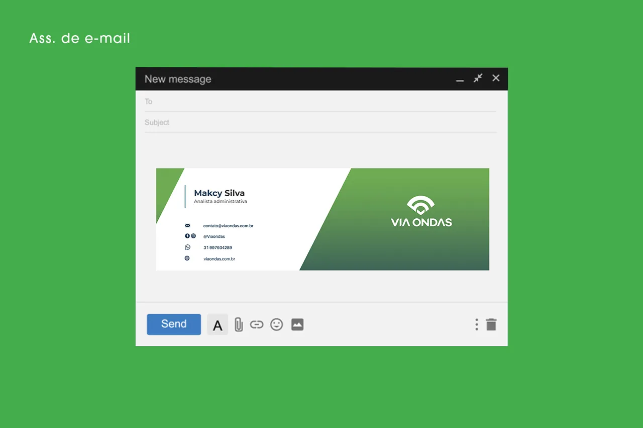 Janela de novo e-mail com a assinatura da Via Ondas: dados de contato à esquerda e faixa verde com o logotipo à direita