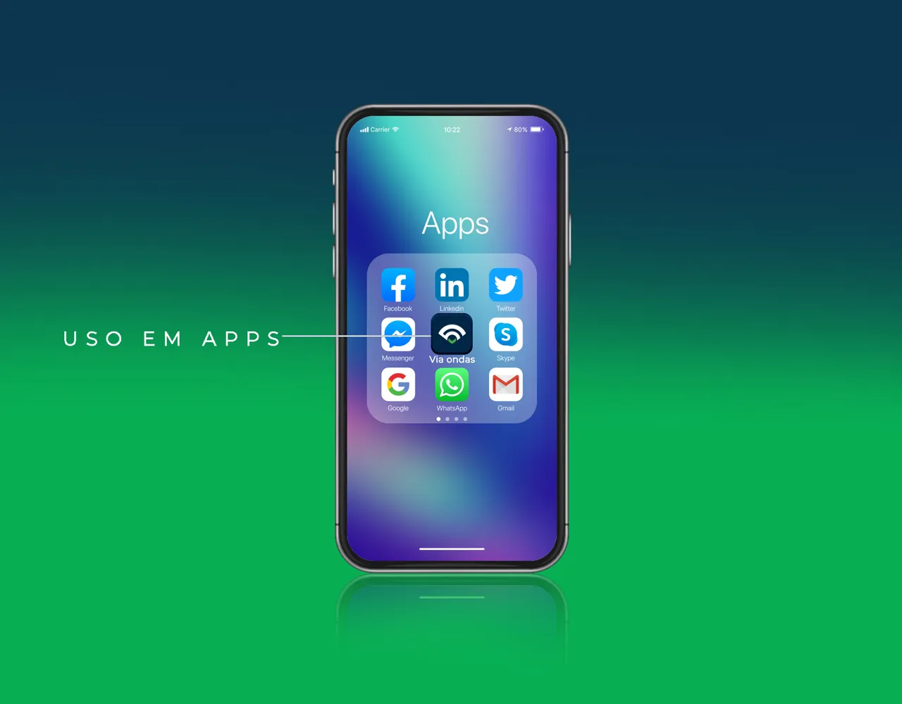 Celular com a tela de aplicativos, em que o ícone da Via Ondas aparece entre outros, ao lado do texto Uso em apps