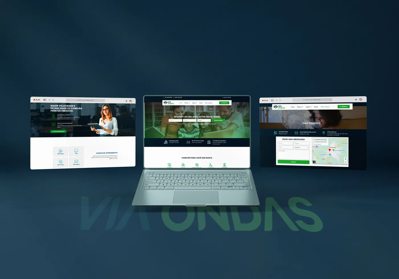 Site da Via Ondas em mockup: notebook ao centro com a página inicial e duas telas laterais, uma com a página de contato e outra com os canais de atendimento